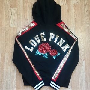 Vs Pink Xs Bling Hoodie With Roses NWT
